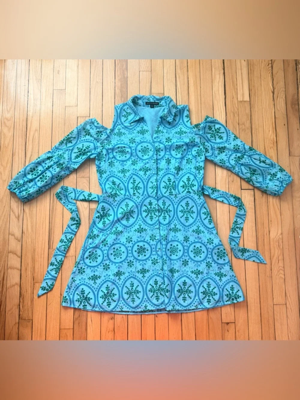 Boston Proper Turquoise Printed Cold-Shoulder Mini Dress - Picture 2 of 4